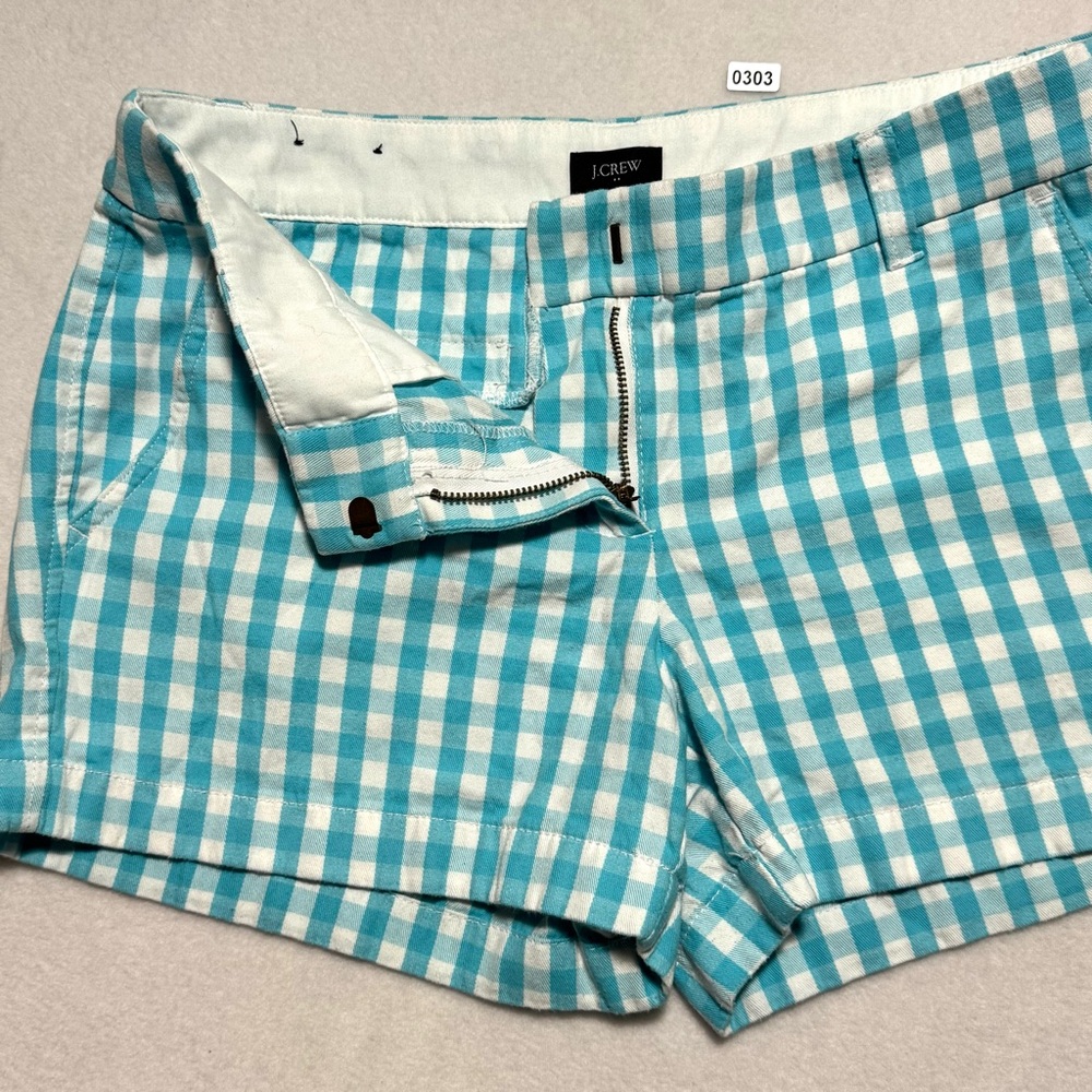 J. Crew Cotton Gingham Aqua & White Short Size 2 - Picture 3 of 11
